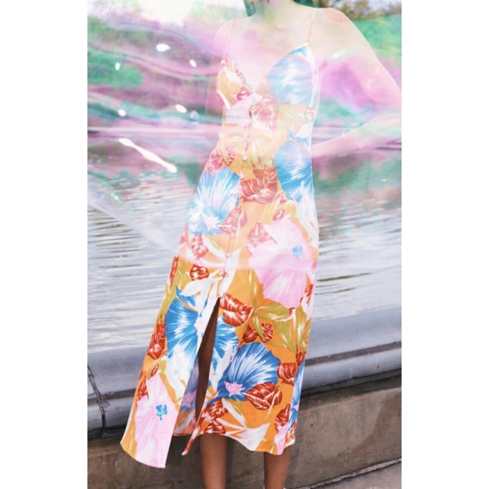 NWT Zara Tropical Floral Midi Dress Linen Blend Blogger Favorite Summer L - Picture 6 of 10